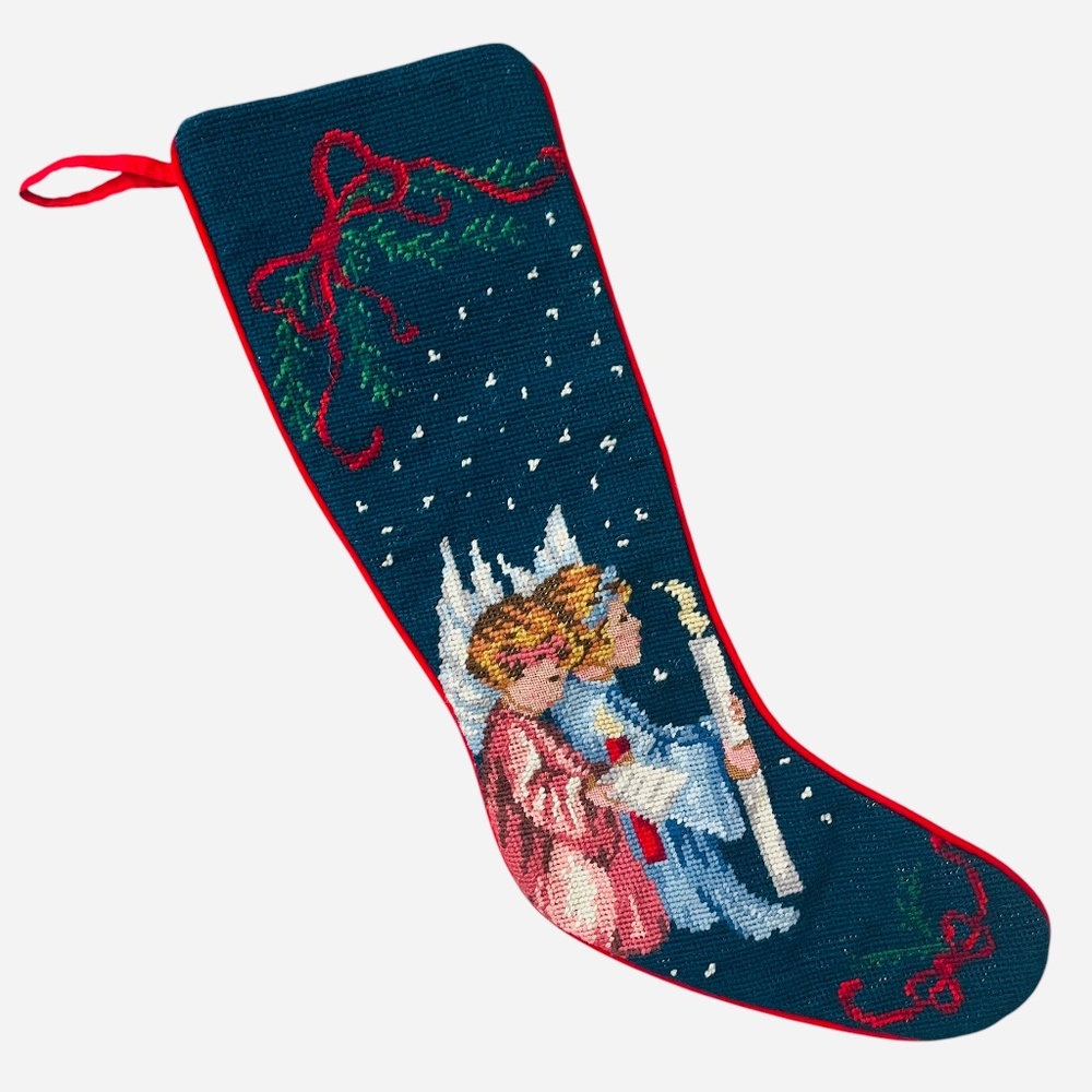 Vintage Imperial Elegance Wool Needlepoint Christmas Stocking Angels Candles